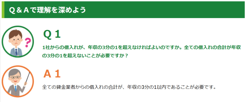 全ての貸金業者からの借入れの合計が、年収の3分の1以内であることが必要です
