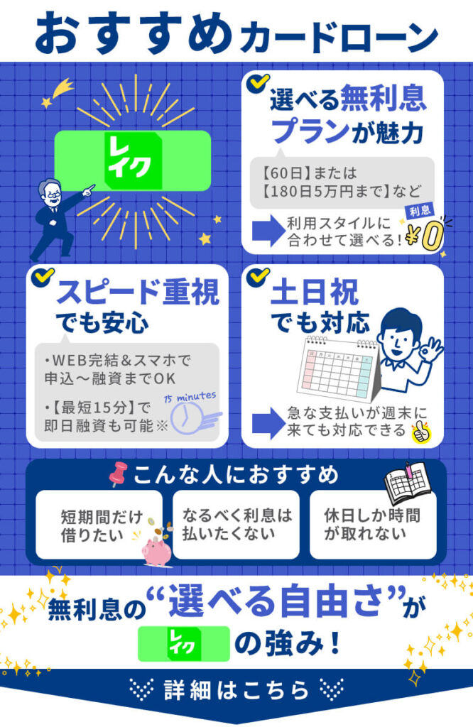 レイクは長期間の無利息特典が魅力のカードローン