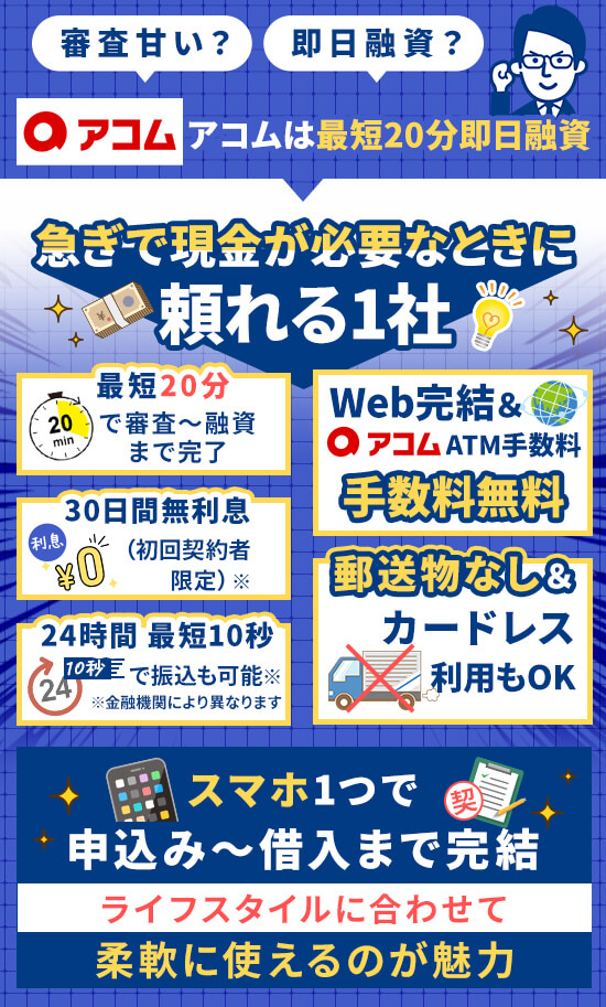 アコムは申し込みから最短20分で即日融資が可能