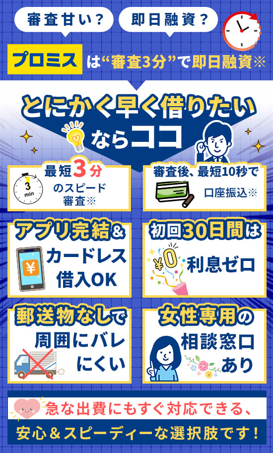プロミスなら審査3分・最短10秒で借入完了